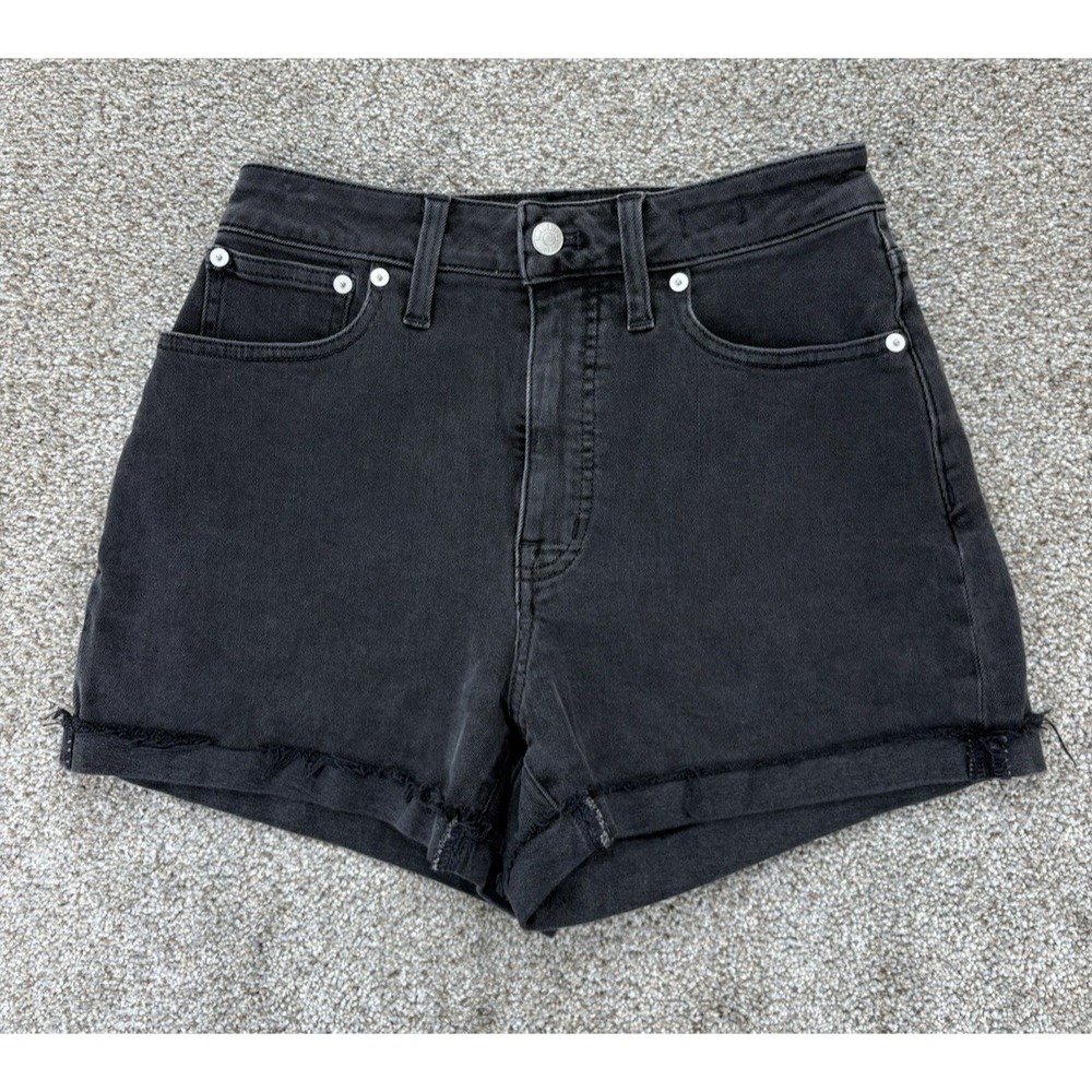 Madewell Curvy High Rise Denim Shorts Women's 27 Black Cuffed Raw Hem Stretch